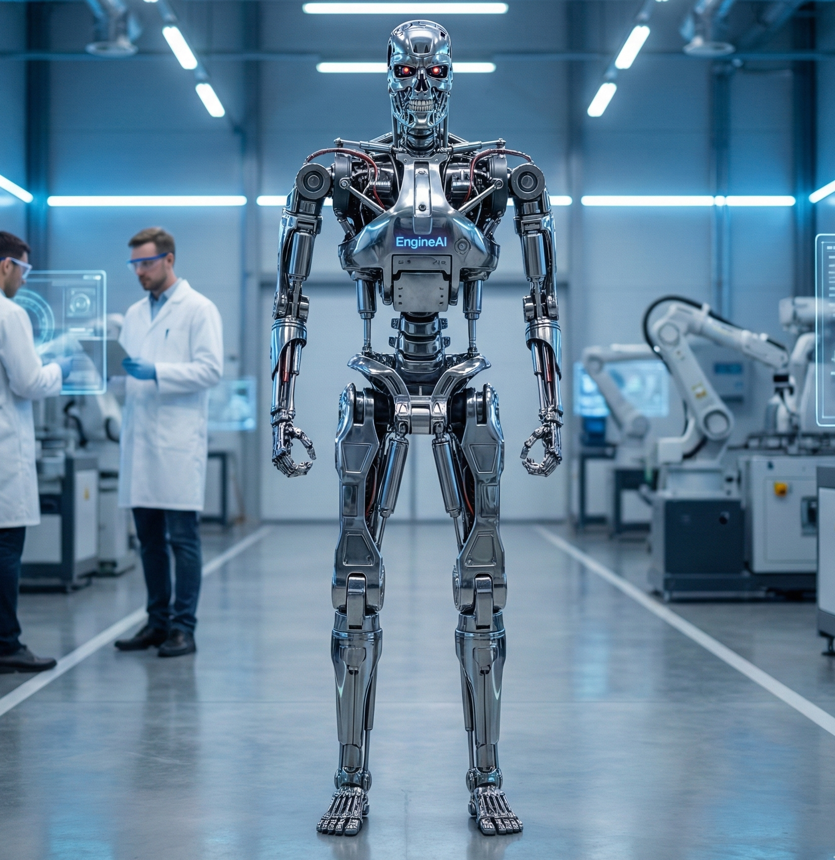 EngineAI robot hình người được giới thiệu gọi vốn, với robot T800 trong bối cảnh phòng thí nghiệm công nghệ cao.