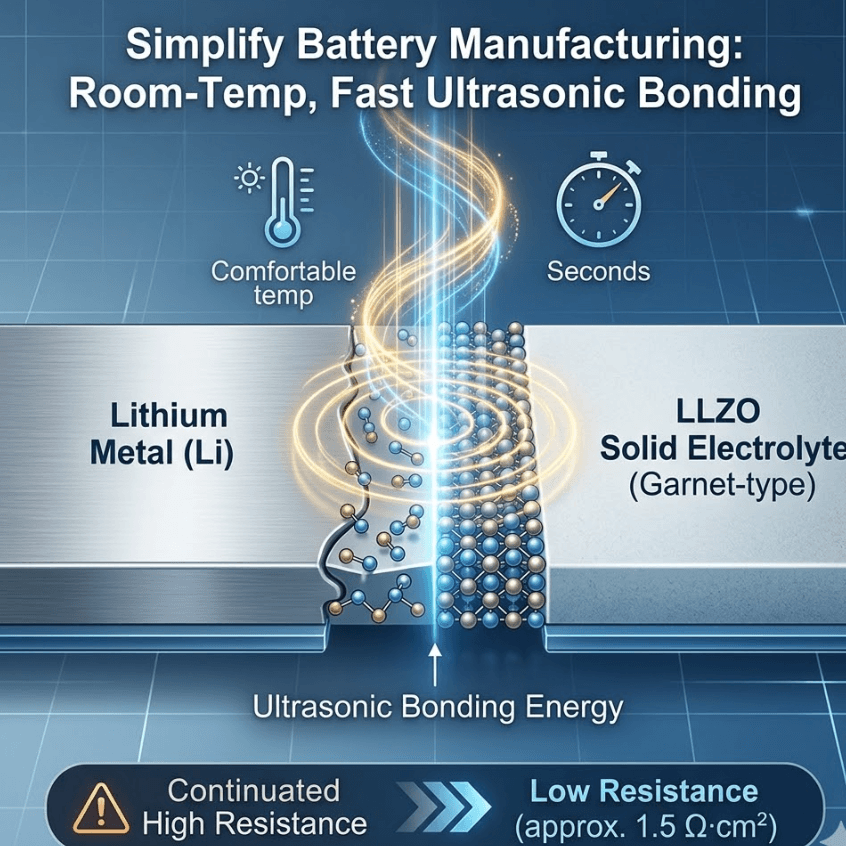 Simplify battery manufacturing with room-temp, fast ultrasonic bonding for oxide-based all-solid-state battery production.