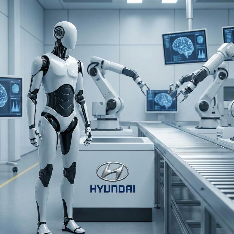 Trung tâm robot AI Hyundai tại Mỹ, có robot hình người và cánh tay robot trong một phòng thí nghiệm hiện đại.