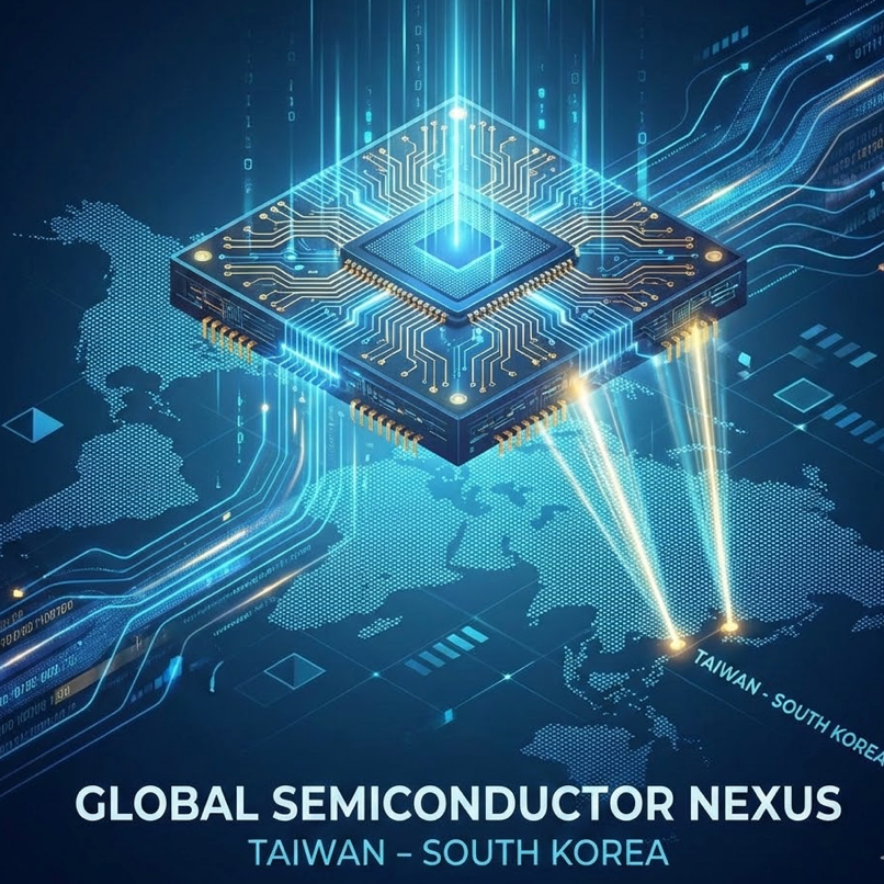 Biểu đồ tăng trưởng thị trường bán dẫn toàn cầu được minh họa bằng một chip bán dẫn kết nối Đài Loan và Hàn Quốc.