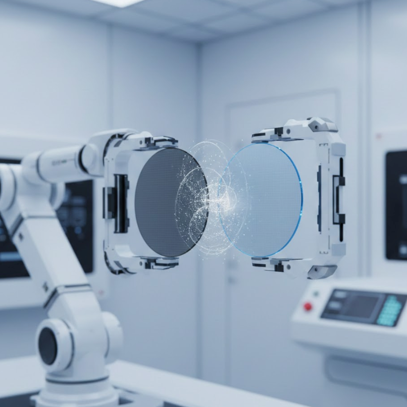 Robotic arms demonstrating room-temperature bonding silicon carbide sapphire process in a tech lab.