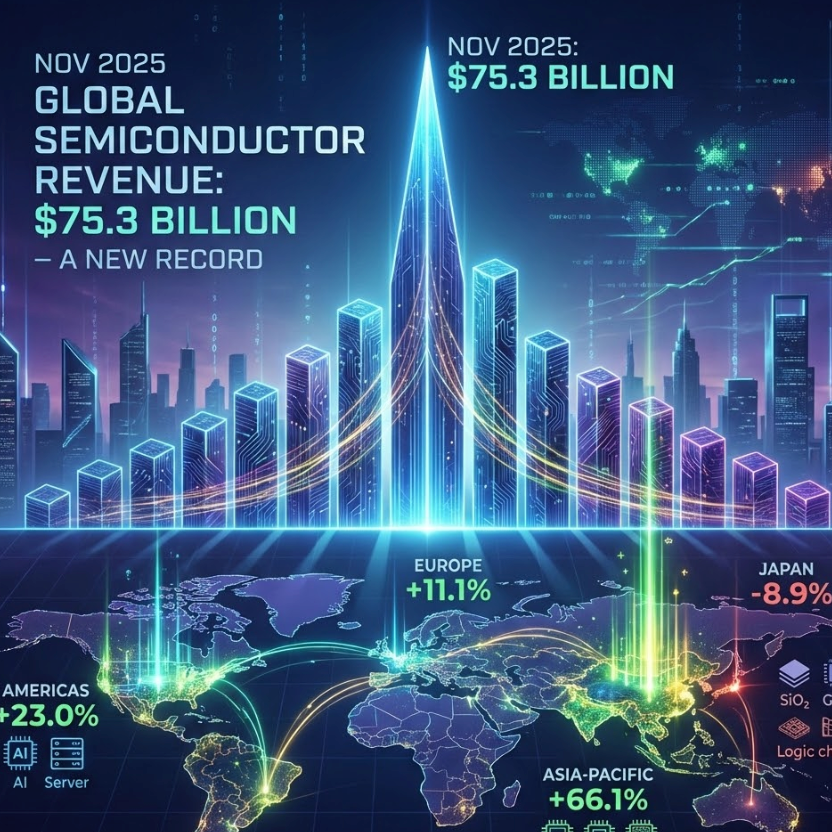 Global semiconductor market November 2025 revenue visualization showing $75.3 billion, highlighting regional growth.