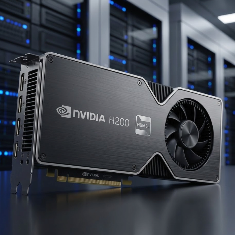 NVIDIA H200 AI xuất khẩu sang Trung Quốc, GPU được trưng bày trong trung tâm dữ liệu với các tính năng làm mát tiên tiến.