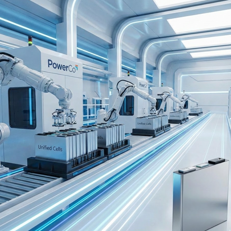 Dây chuyền sản xuất pin cell hợp nhất VW PowerCo với các cánh tay robot và kho lưu trữ cho Unified Cells.