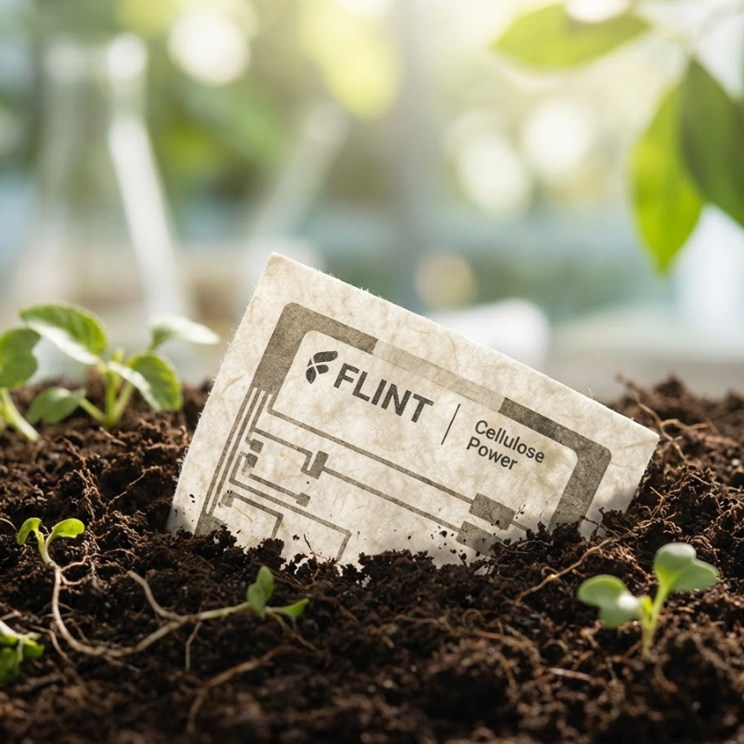Biến thể pin giấy phân hủy sinh học được Flint trưng bày trong đất tự nhiên cho một tương lai năng lượng bền vững trong IoT.