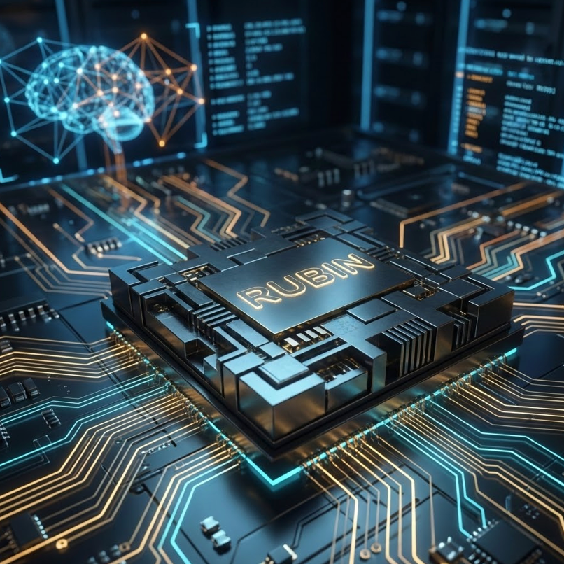NVIDIA Rubin architecture AI computing được trình diễn trên một bo mạch công nghệ cao với các chi tiết phát sáng.