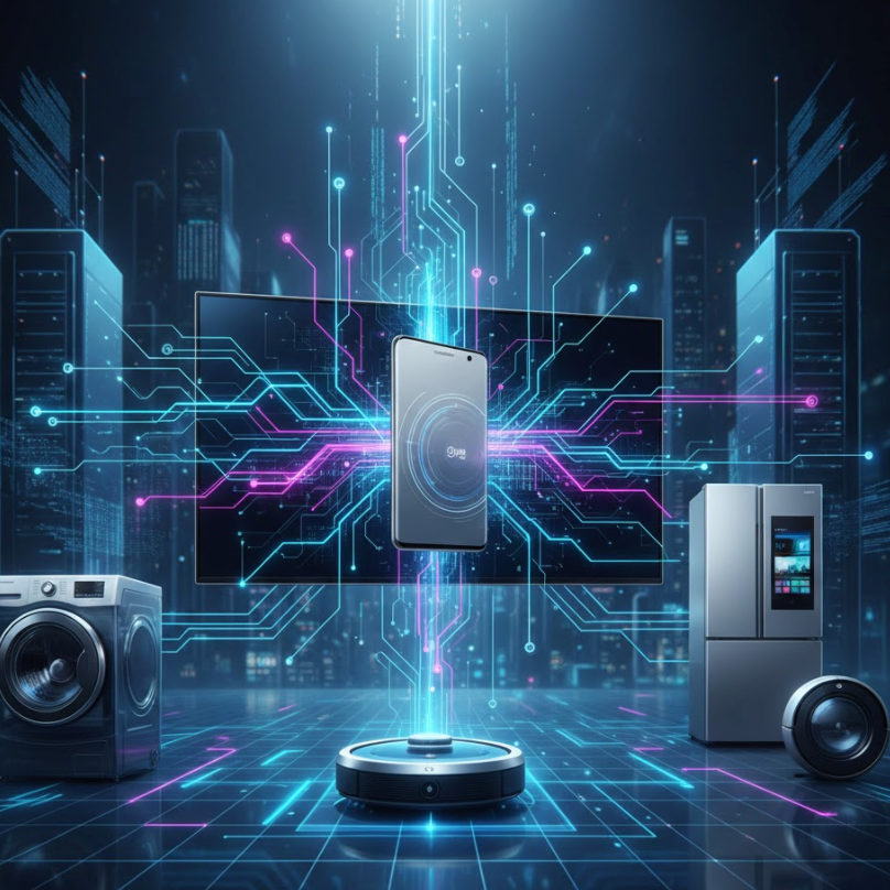 alt
AI trong các thiết bị Samsung năm 2026, với một điện thoại thông minh, TV thông minh và các thiết bị gia dụng thông minh được kết nối qua công nghệ.