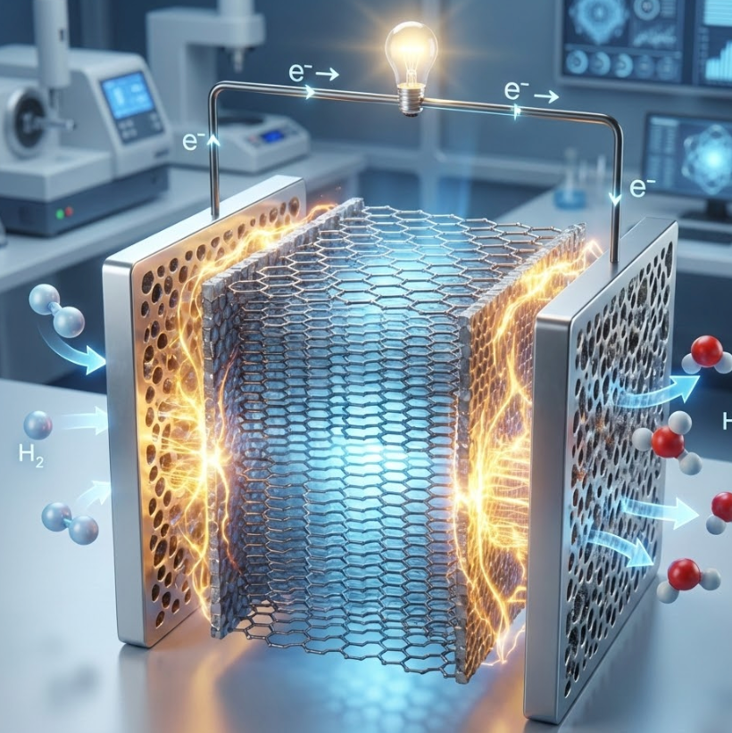 Minh họa pin nhiên liệu graphene oxide thể hiện quá trình tạo ra năng lượng và các phản ứng hóa học trong môi trường phòng thí nghiệm.