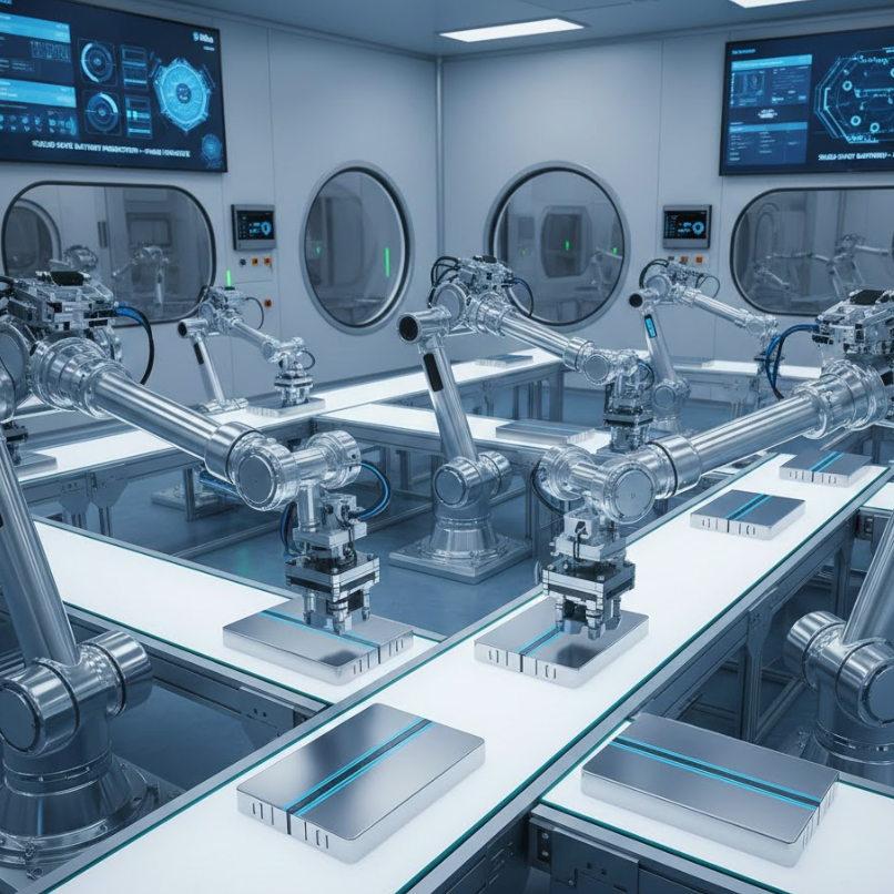 Dây chuyền sản xuất pin trạng thái rắn tự động với các cánh tay robot và màn hình công nghệ tiên tiến.