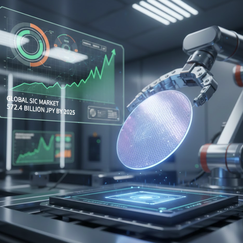Robotic arm đang giữ một tấm wafer SiC 8-inch, đại diện cho dữ liệu tăng trưởng và xu hướng thị trường wafer SiC 8-inch.