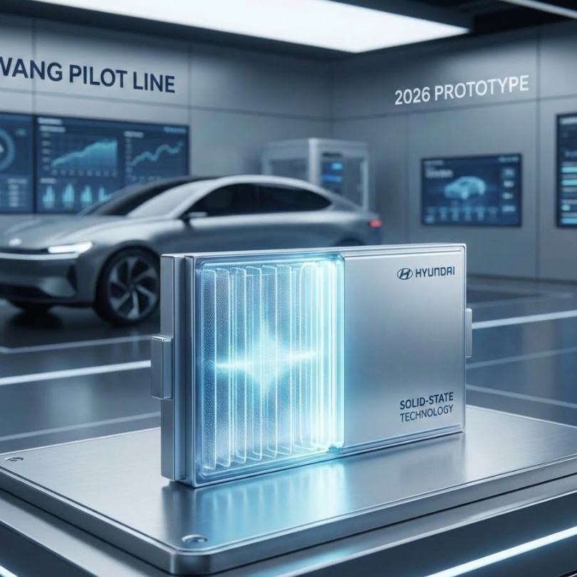 Nguyên mẫu sản xuất pin thể rắn hoàn toàn của Hyundai được trưng bày trong bối cảnh dây chuyền sản xuất tương lai.