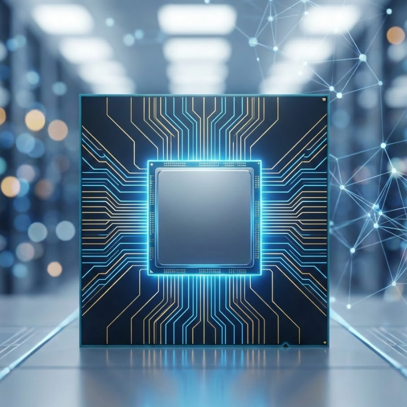 Close-up của một bộ xử lý Intel giới thiệu công nghệ 18A, đại diện cho các bộ xử lý Intel Panther Lake với mạch điện tiên tiến.