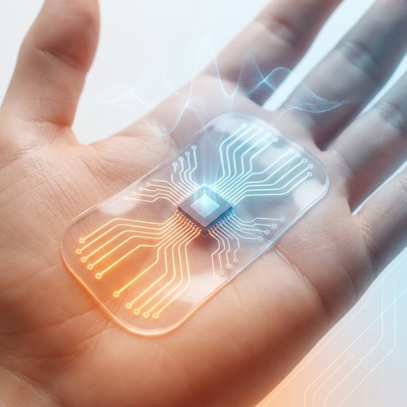 A transparent chip resting on a hand, representing wireless brain scans body heat technology.