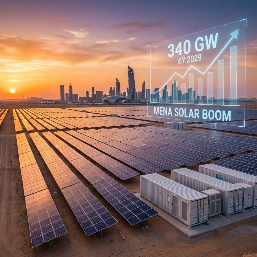 Middle East solar PV capacity forecast 2029 with solar panels and graph showing growth to 340 GW by 2029.