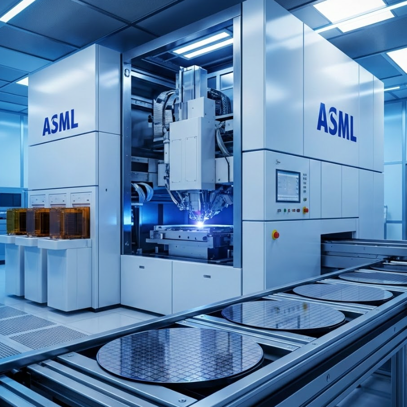 ASML revenue forecast 2026 - ASML equipment working on semiconductor wafers in a high-tech facility.