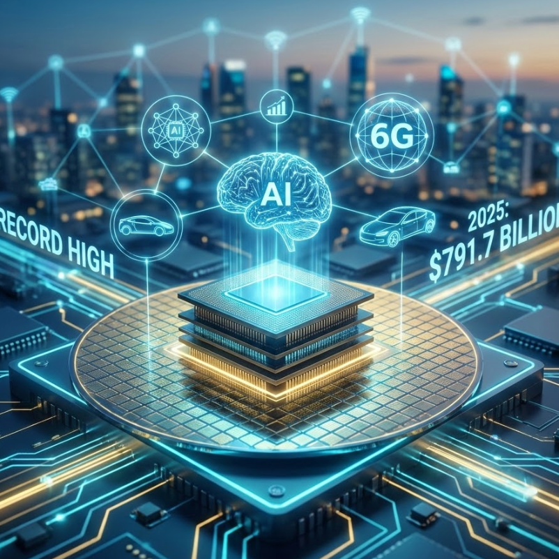 Visual representation of the global semiconductor market 2025 reaching record 791.7 billion US dollars driven by AI technology.