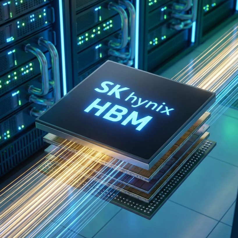 SK hynix artificial intelligence memory boom chip showcasing high-performance HBM technology in a server environment.