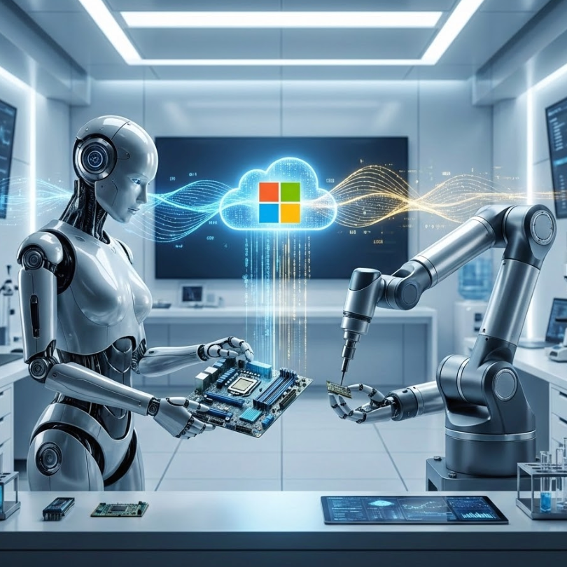 Robotic systems interacting with technology in the Microsoft lab, showcasing Rho-alpha vision-language-action model.