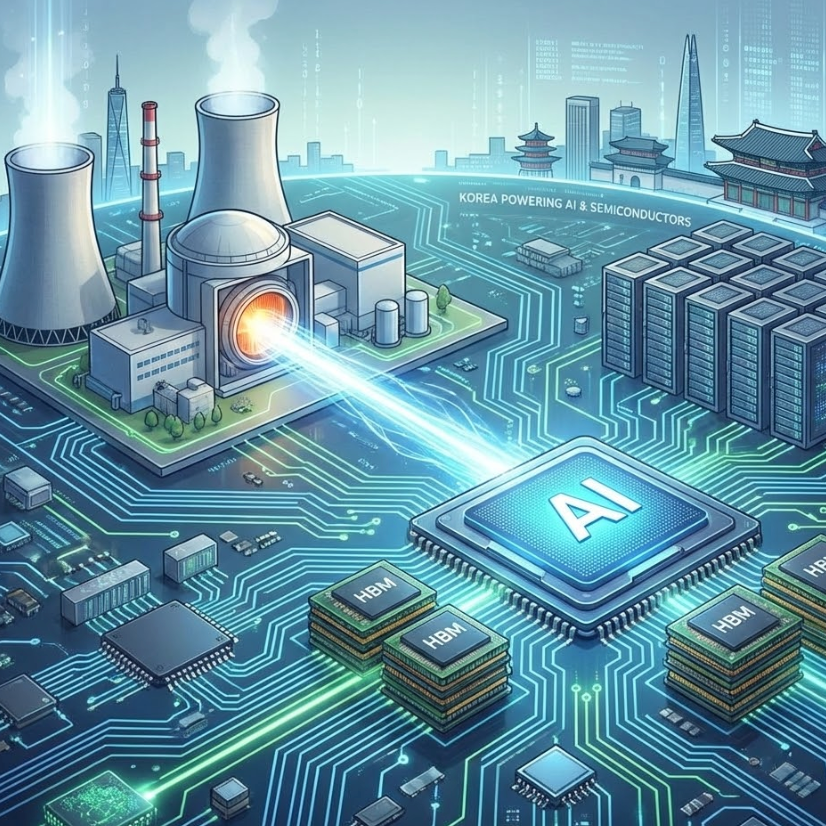 South Korea nuclear reactors for AI and semiconductor power powering a futuristic landscape with chips and technology.