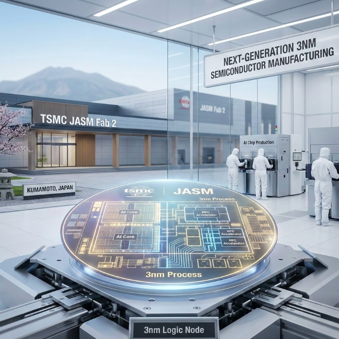 TSMC Kumamoto Fab 2 showcasing 3 nanometer semiconductor manufacturing technology for AI demands.