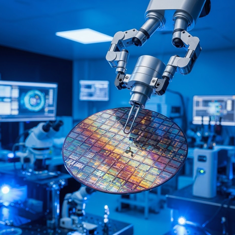Innovative manufacturing of Gallium Nitride semiconductor expansion with advanced robotic technology in a lab.