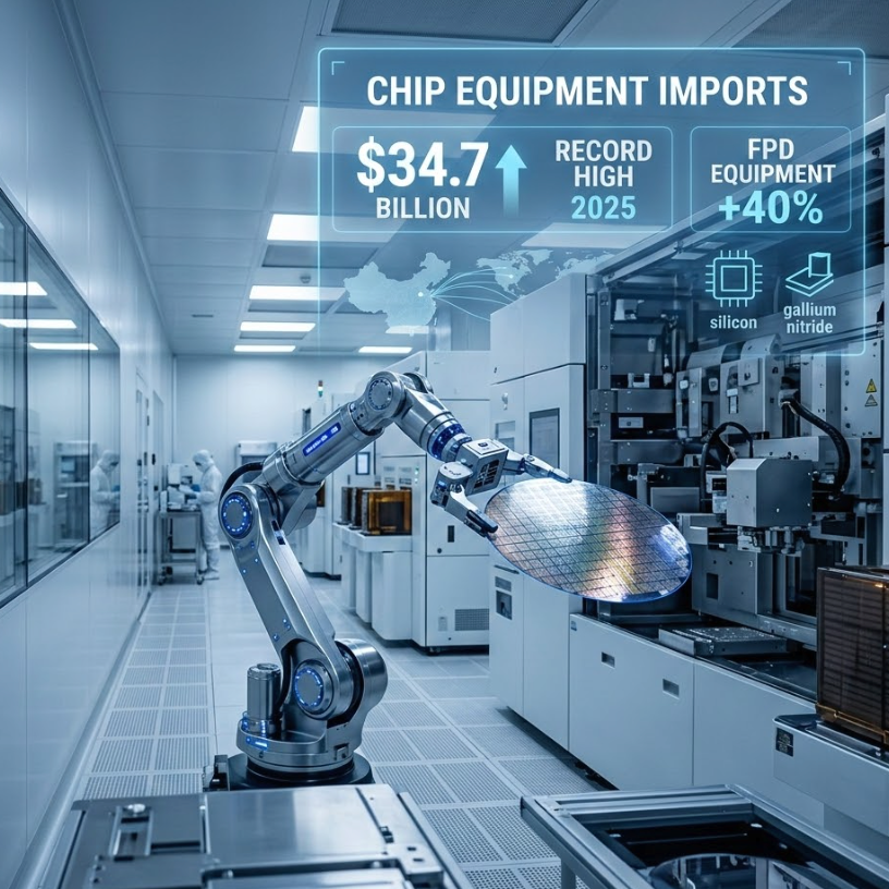 Robotic arm handling semiconductor wafer in facility highlighting China semiconductor equipment imports 2025.
