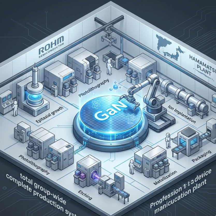 Diagram illustrating Gallium Nitride power device technology production at ROHM's Hamamatsu plant.