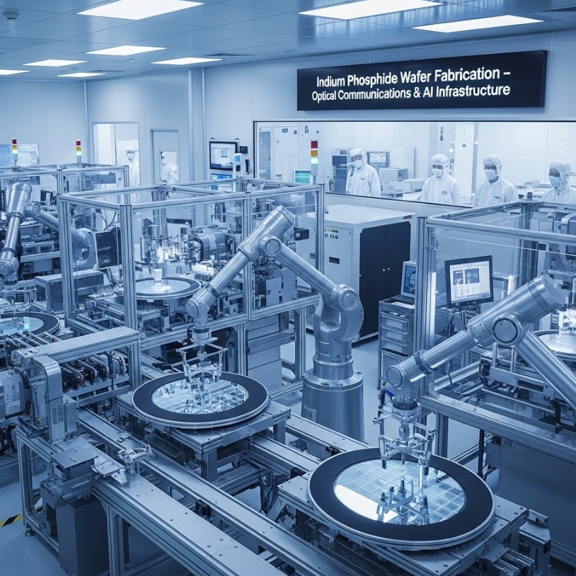 Indium phosphide substrate production in a cleanroom with robotic arms and wafer fabrication equipment.