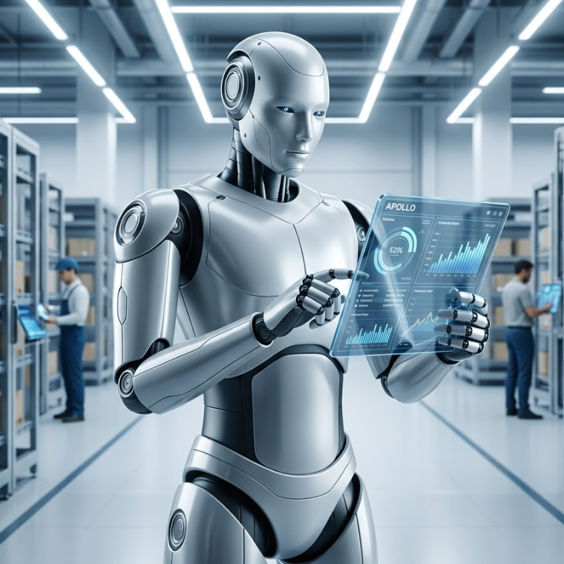 Apptronik humanoid robot funding showcased with Apollo analyzing data in a futuristic warehouse setting.