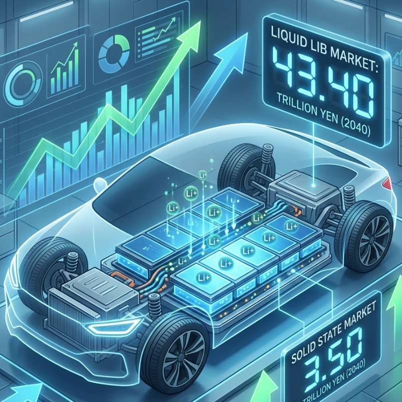 Illustration of the global xEV drive battery market trends with a breakdown of various battery technologies.