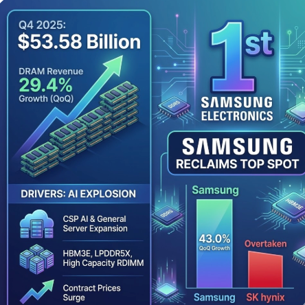 Samsung DRAM market share 2025 infographic showing revenue and growth amid AI boom.