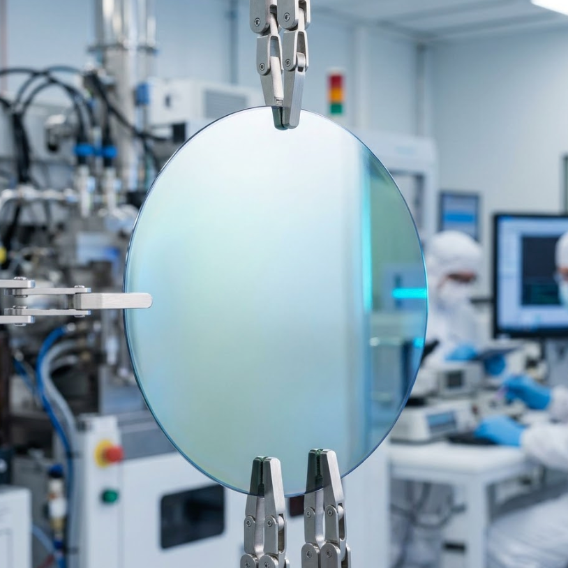 150mm gallium oxide wafers being handled in a high-tech manufacturing facility for power electronics.