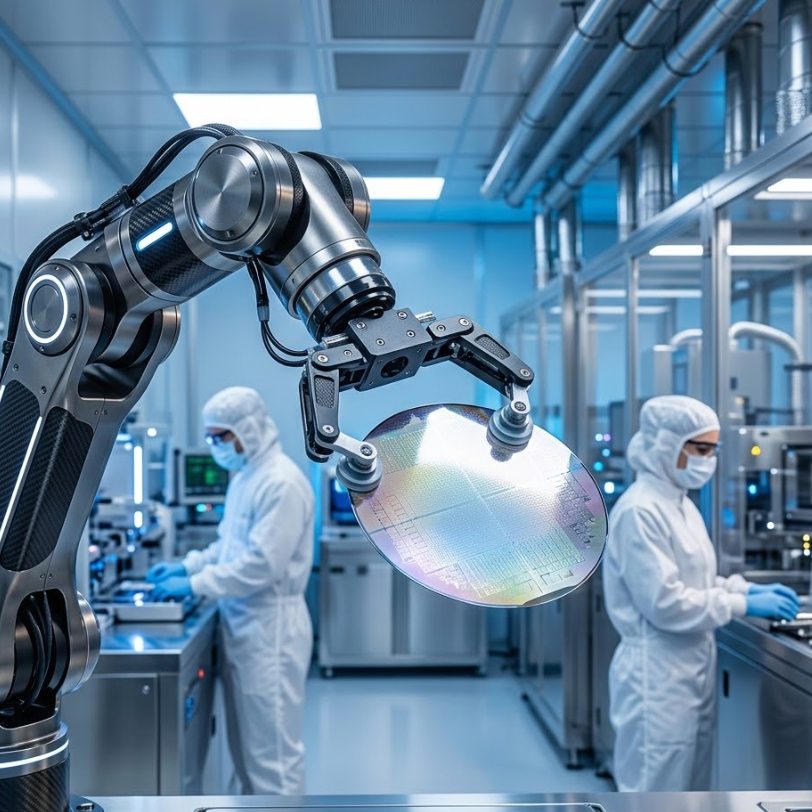 Robotic arm holding 150mm beta-gallium oxide substrate samples in a modern laboratory setting.