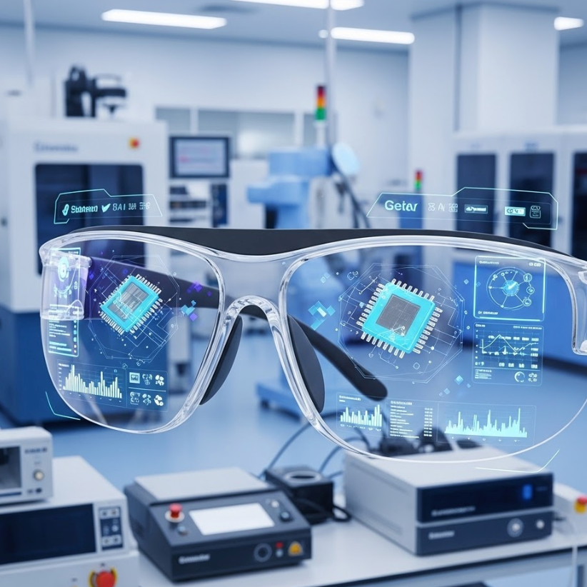 Resin substrates for augmented reality glasses showcasing digital interfaces in a high-tech lab setting.