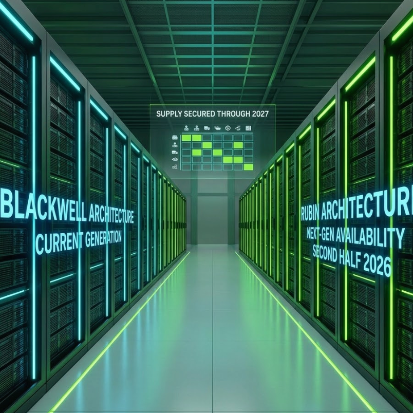 NVIDIA Blackwell demand forecast illustrated in a high-tech data center with supply secured through 2027.