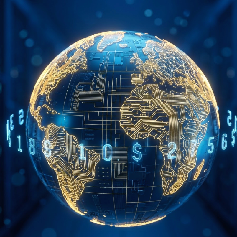 Global semiconductor market growth 2026 visualized through a digital globe with circuitry and financial data overlay.