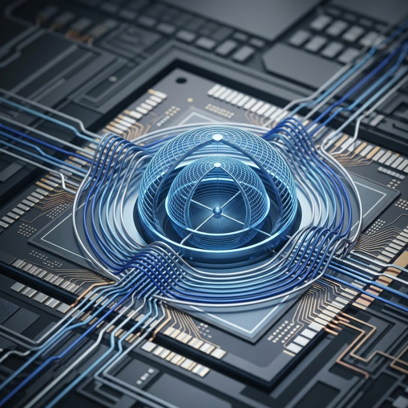 Graphic representation of silicon qubit control technology in a futuristic circuit.