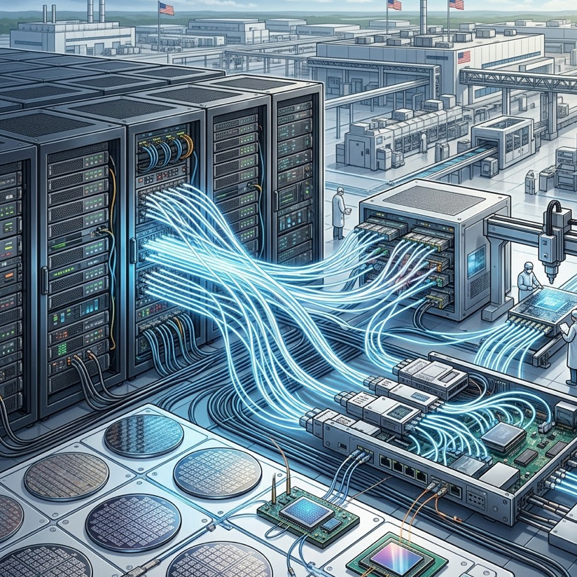 High-tech data center showcasing optical connectivity for AI infrastructure with advanced server systems.