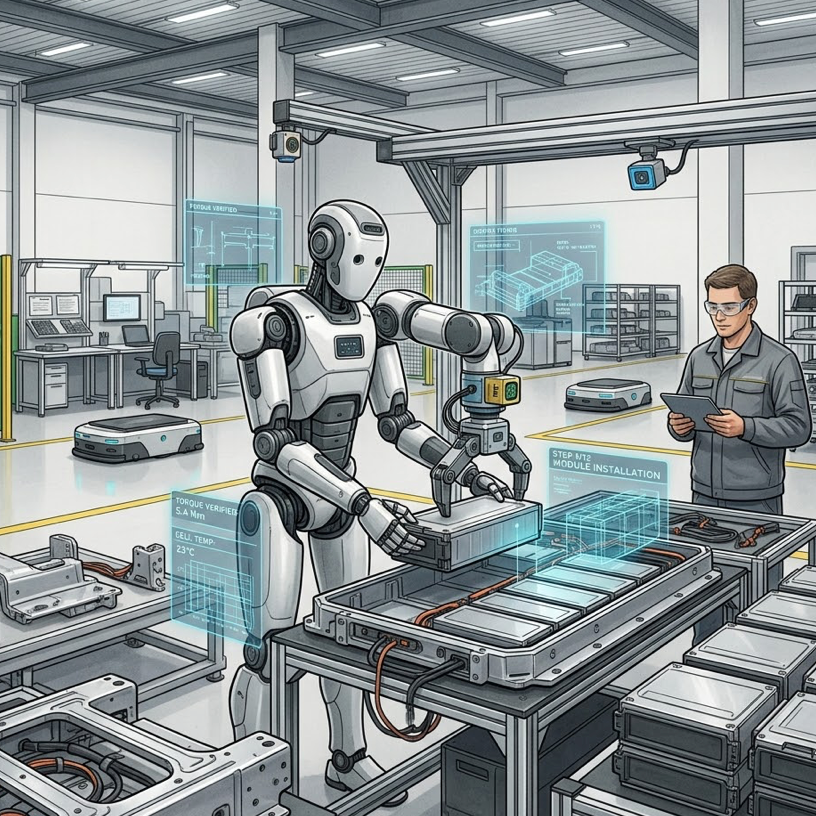Humanoid robot in automotive manufacturing collaborating on assembly line in factory.