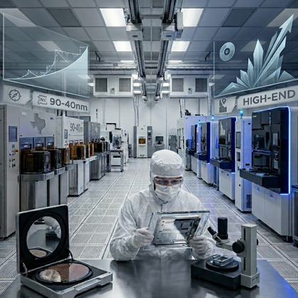 Scientist analyzing semiconductor masks in a clean room, focused on mask demand forecast 2026.