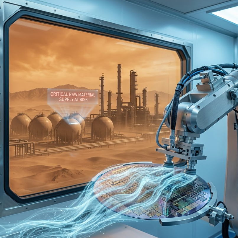 View of semiconductor fabrication with a warning about critical raw material supply at risk amid Middle East semiconductor supply chain crisis.