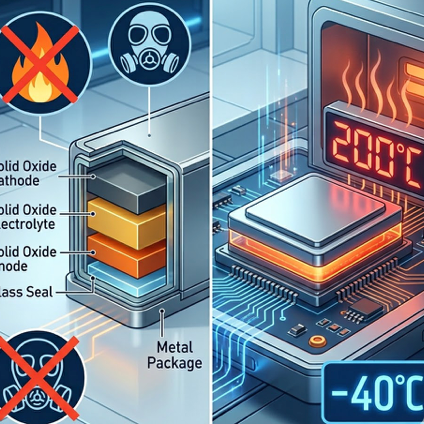 Visual representation of 200°C all-solid-state battery technology components and features.