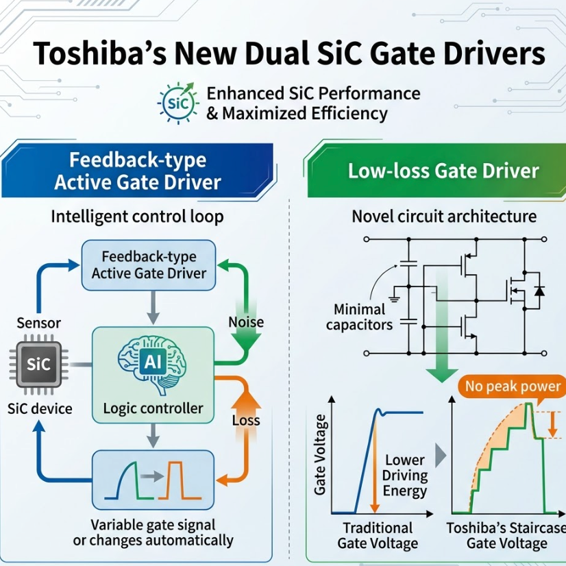 Toshiba SiC dual-driver technology infographic highlighting performance and efficiency features.