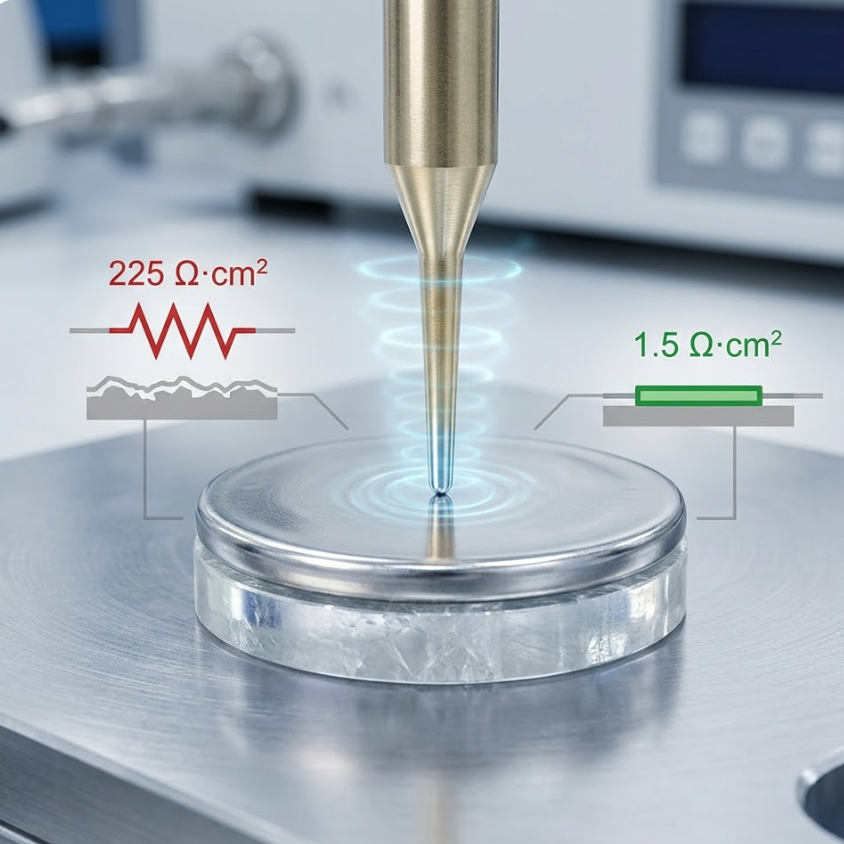 Ultrasonic bonding process in solid-state battery manufacturing breakthrough with electrodes showing resistance measurements.