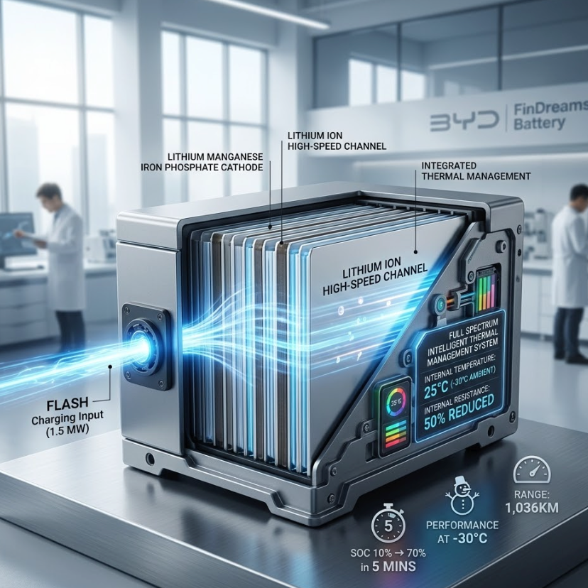 BYD Blade Battery and FLASH Charging technology with thermal management features and performance stats.