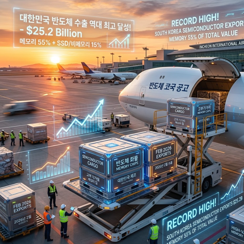 South Korea semiconductor exports AI memory demand highlighted in record high shipping at Incheon International Airport.