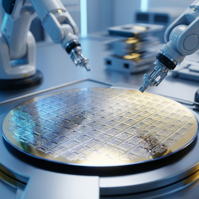DRAM price increase 2026: robotic arms working on a silicon wafer in a semiconductor fabrication lab.