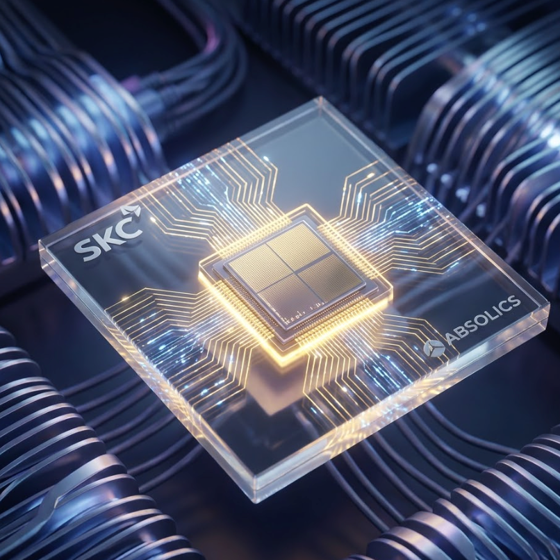 SKC's advanced glass substrate innovation investment showcased in a cutting-edge microchip design.