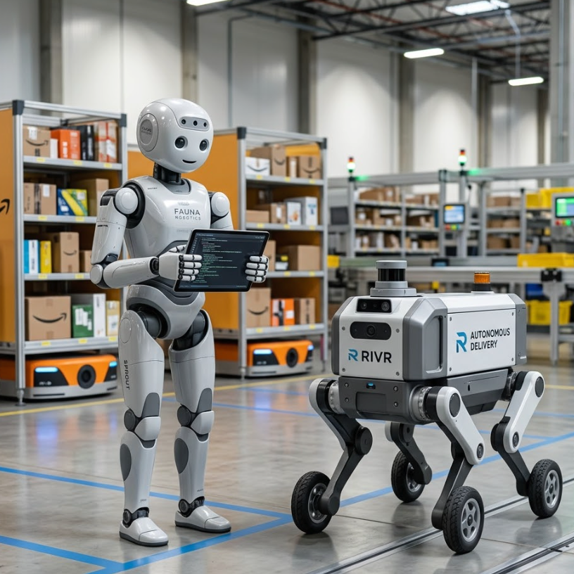 Amazon robotics acquisition featuring two advanced robots in a warehouse setting.