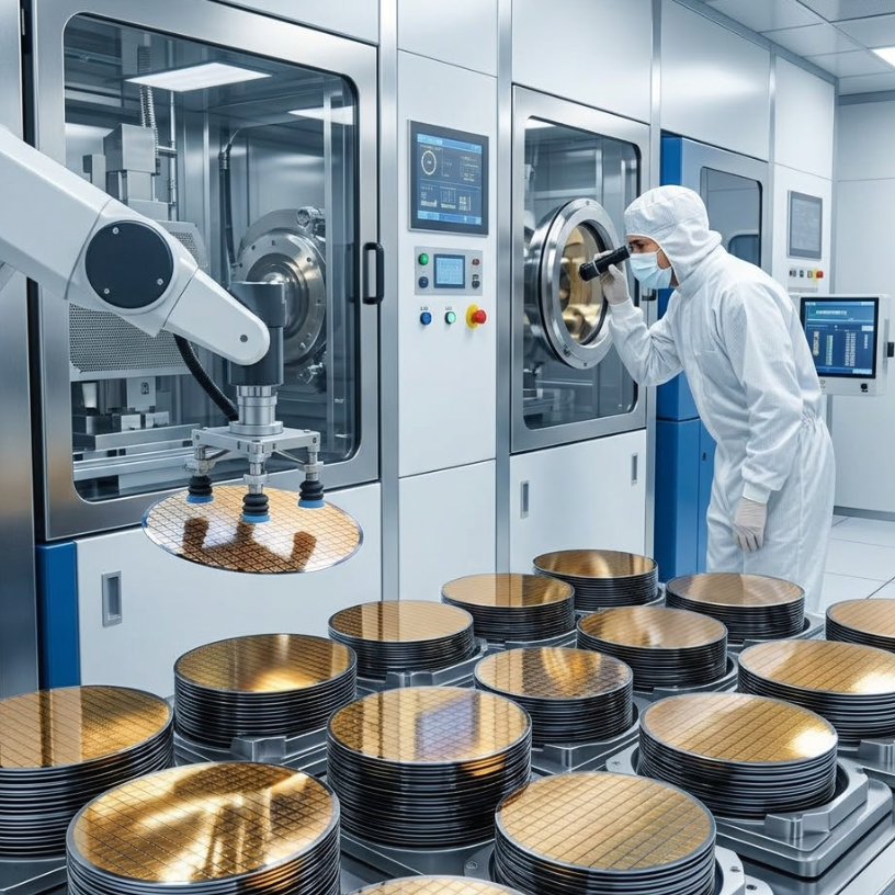 wafer reclamation investment 2026 in a high-tech semiconductor manufacturing facility with robotic equipment.